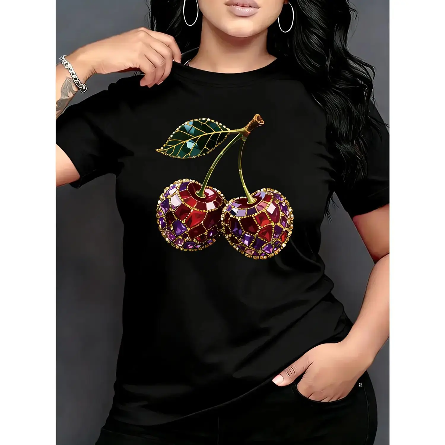 Women Cotton T-shirt with Cherry Print Short Sleeve Round Neck Comfortable Soft Fabric Perfect for Travel Vacation and Birthday Gifts Multiple Colors Available