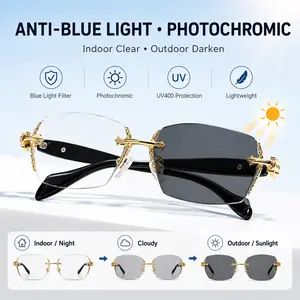 Rimless Photochromic Blue Light Glasses, Frameless HD Clear Lens Eyewear with UV400 Protection, Lightweight Unisex Fashion Glasses for Computer Reading Daily Wear Men Gifts