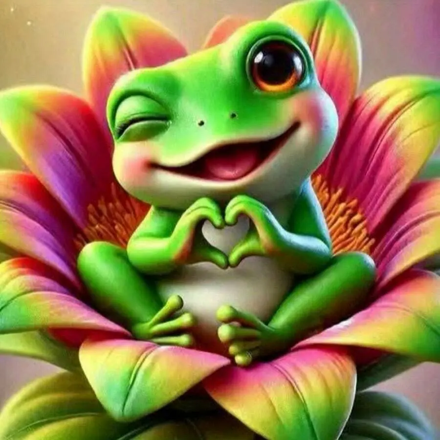 5D Diamond Painting Kit - Cute Frog Making Heart on Rainbow Flower, Full Round Drill Adorable Animal Mosaic Art, DIY Rhinestone Embroidery for Kids Room Decor, Craft