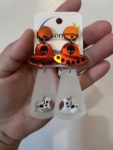 Cow Abduction by Aliens: Whimsical Acrylic Earrings: Glow in the Dark