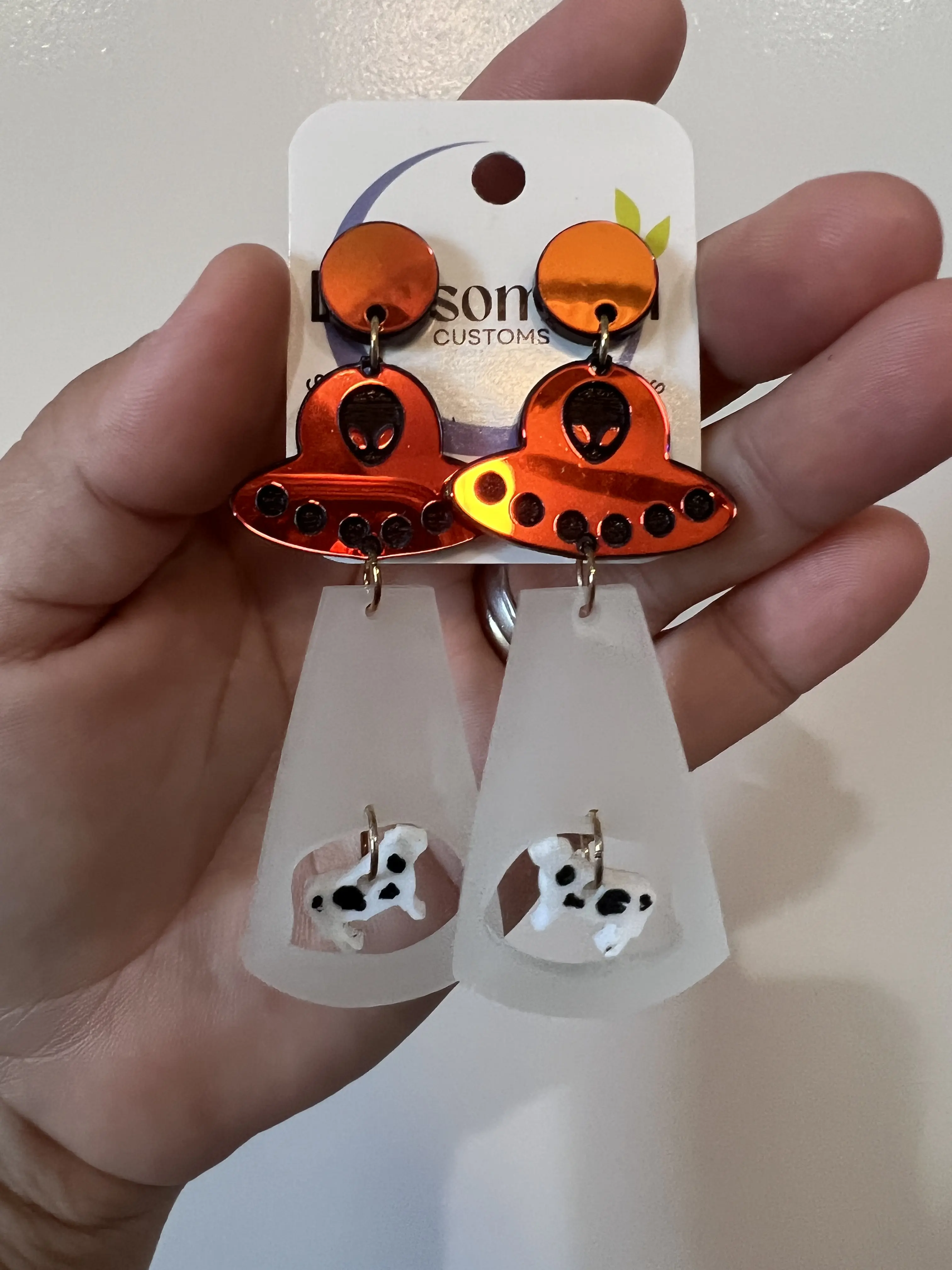 Cow Abduction by Aliens: Whimsical Acrylic Earrings: Glow in the Dark