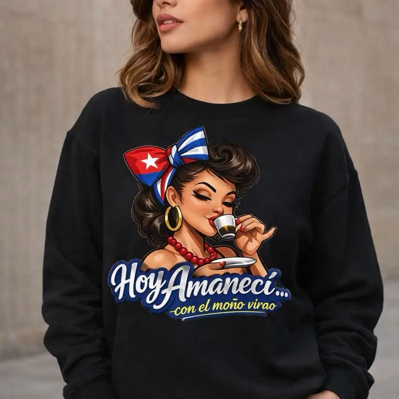 Hoy Amaneci con el Mono Virao Women's Black Sweatshirt with Cuban Flag Design and Coffee Graphic