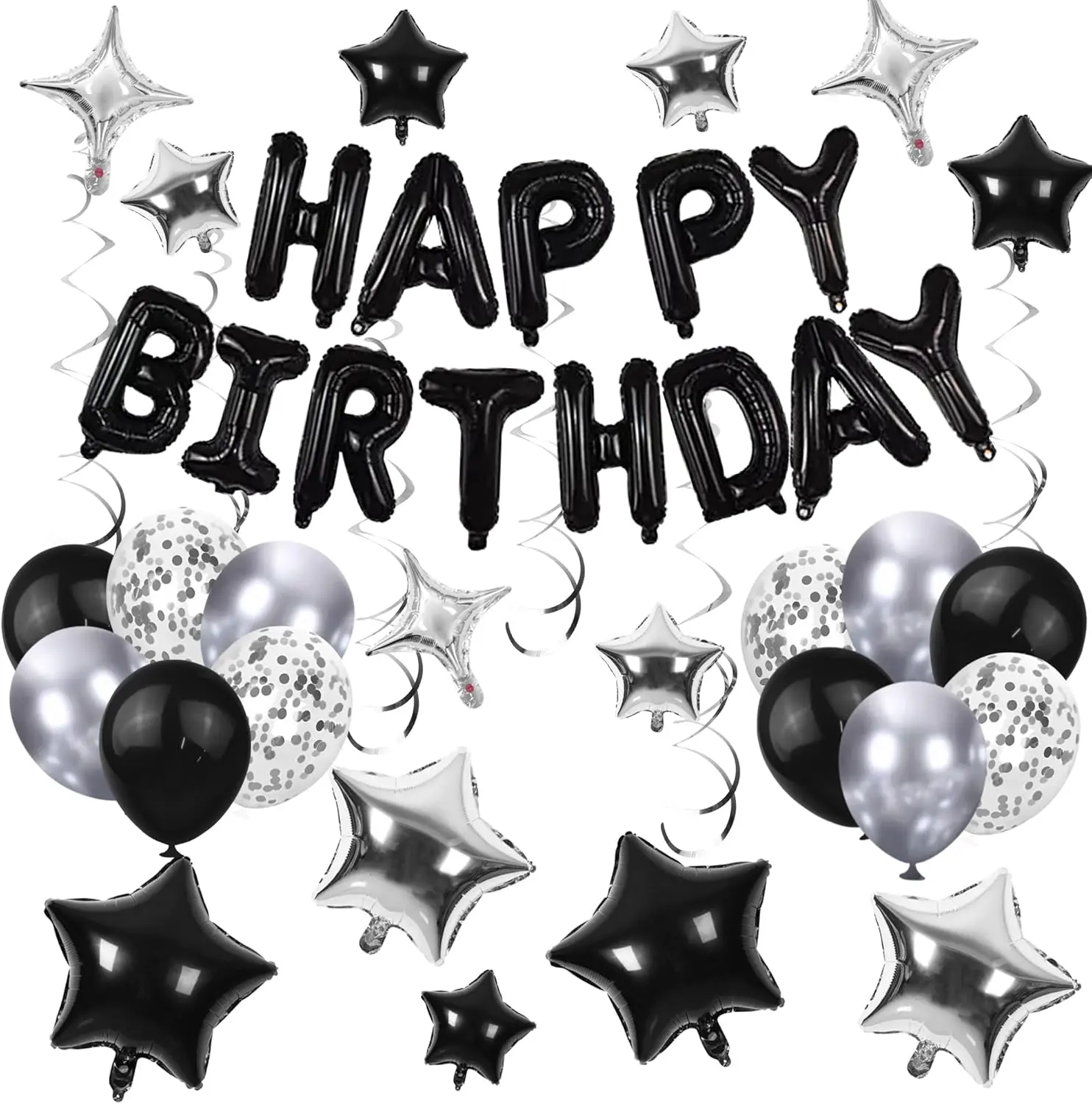 56-Piece Latex Rubber Happy Birthday Balloon Set - 10inch Round, Multi-Size Star Shapes, Confetti, Letter Print, Black Silver Decorations, Hanging Swirls, Black Star Prop, Fast and Easy to Inflate for Milestone Parties, Windows, Memorial Day