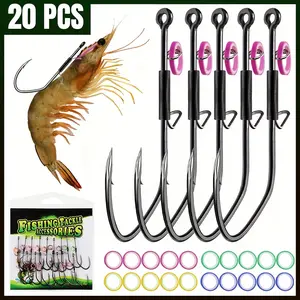 20pcs Hand-Tied Live Shrimp Hooks -  V-Shaped Barbed Carbon Steel Live Bait Hooks for Saltwater & Freshwater Fishing Tackle - Smart Bait Shrimp Hooks 1/0 2/0 3/0 for Bass Catfish Pike Trout, Strong Long Shank Fishing Hooks for Rig Lure Setup
