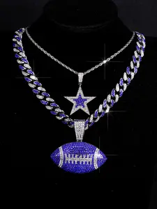 4pcs Hip-Hop Blue Five-Pointed Star & Rugby Pendants Necklace Set, Iced Blingbling Jazz Cuban Chain, Layered Jewelry for Men & Women, Daily Wear Gift