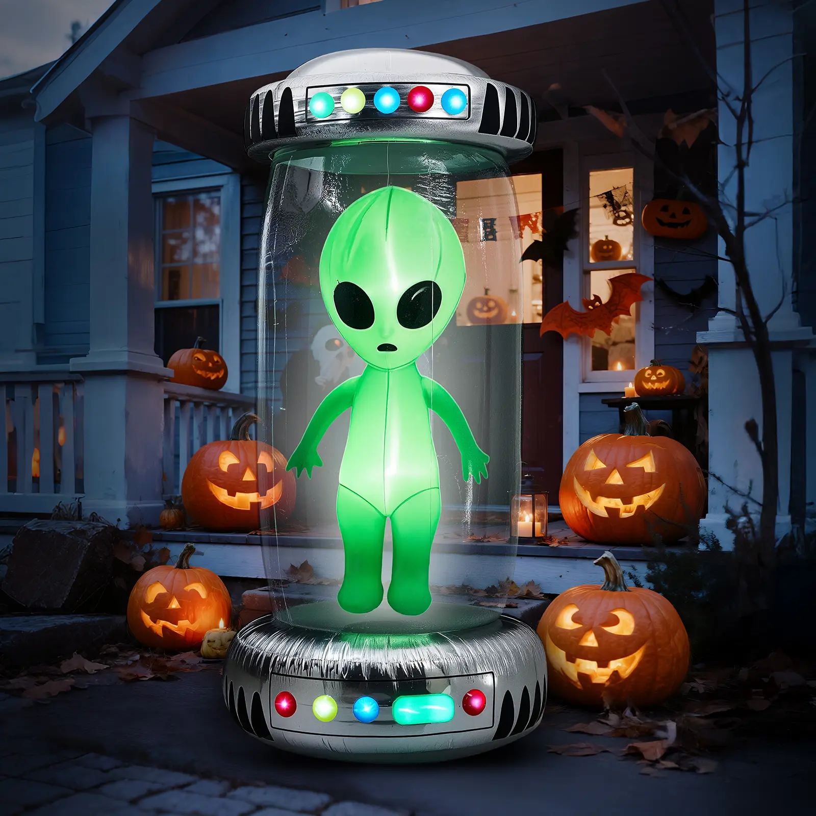 Halloween Inflatable UFO Yard Decoration, Fun Tall Blow up Yard Decor with Built-in LED Lights and Stand Inside Design for Holiday Party Yard Lawn Garden Decor Indoor Outdoor