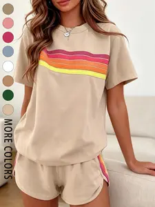 Two-piece Women's Fashion Casual Sportswear Set, Sporty Comfy Breathable Womenswear, Rainbow Striped Design, Perfect for Summer Vacations, Indoor and Outdoor Wear