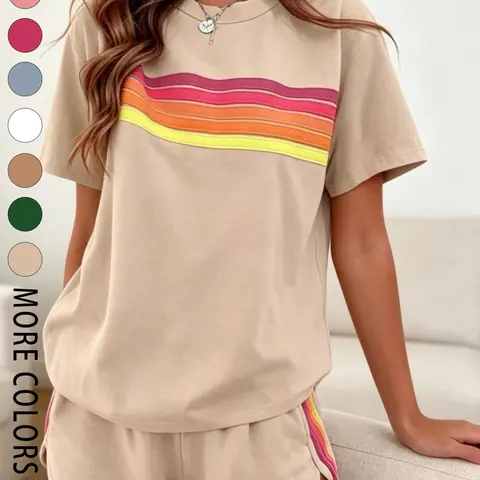 Two-piece Women's Fashion Casual Sportswear Set, Athleisure Activewear Set, Athleisure Outfits, Athleisure Summer Clothes, Sporty Comfy Breathable Womenswear, Rainbow Striped Design, Perfect for Summer Vacations, Indoor and Outdoor Wear