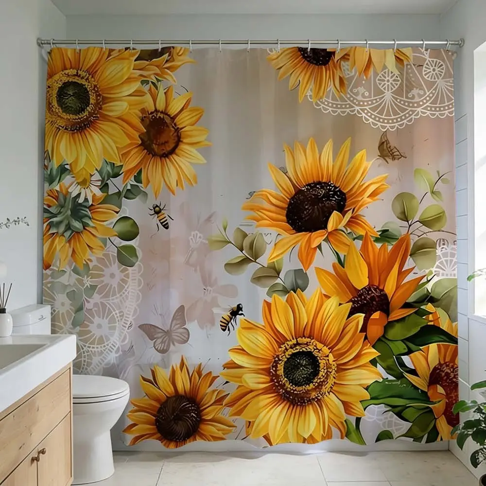 1 Pc Sunflower bliss shower curtain, Bathroom Accessory, transform bathroom decor with vibrant floral design elevate home style bathroom renovation bold yellow theme sunflower print creates cheerful atmosphere perfect for modern bathroom design update