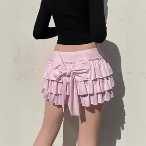 Pink Cake Skirt With Bow Back Butt A- Line Mini Skirt For Women Low Waist Autumn Winter Anti-Aging Versatile Polyester Fa..