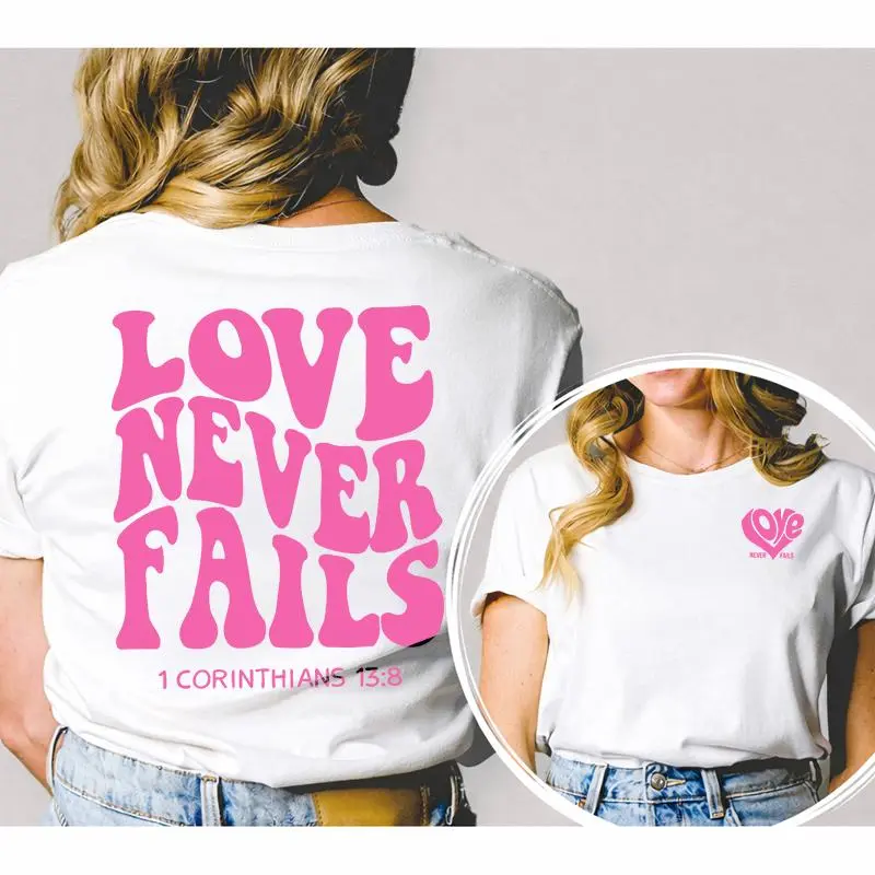 "Love Never Fails" Scriptural Graphic Tee - Double-Sided Printed Casual Short Sleeve Top