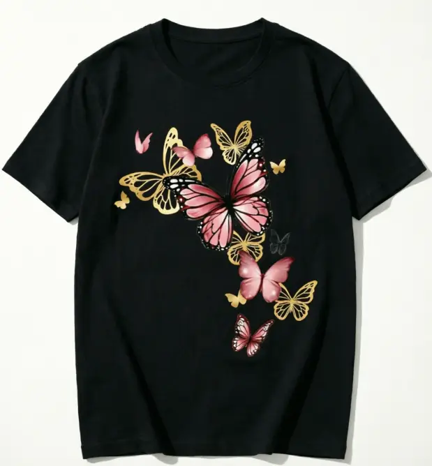 Women's 100% Cotton Vintage Pink Realistic Butterflies-Golden Hollow Mix-Size Flying Art T-Shirt, Summer Cool Romantic Aesthetic Cute Daily Outfit