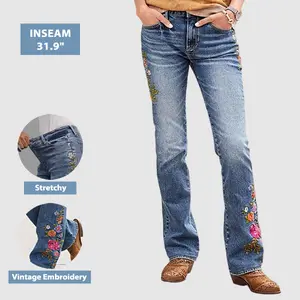 Flamingals Wash Floral Embroidery Side Mid Rise Bootcut Jeans High Stretch All Seasons 31.9" Inseam Women's Denim