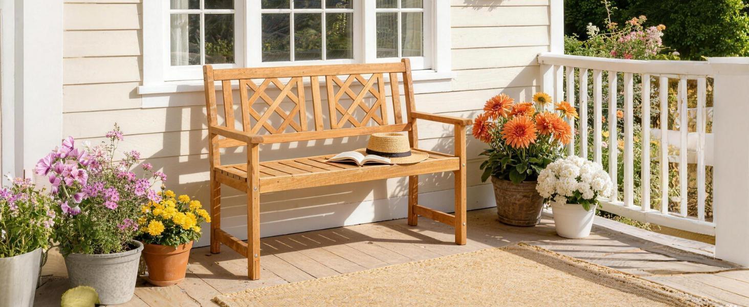 Karlhome Wooden Garden Bench, Outdoor Wood Patio Bench, Rustic Two Person Loveseat Chair w/Armrest for Porch Poolside Park Backyard Balcony, Capacity 605Lbs, Grid Backrest