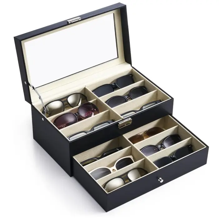 12-Slot Sunglasses Organizer, 2-Tier Leather Eyeglasses Display Case With Drawer