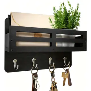 Key Holder Wall Mount, 10 inch Decorative Key and Mail Holder for Wall, with Mail Organizer & 4 Key Hooks, Rustic Wooden Key Rack for Hanging Dog Leash Sunglasses, Entryway Key Hanger, Black