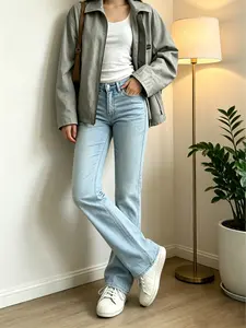 Women's Plus Size High-Waisted High Elastic Denim Bell Bottom Jeans - Tummy Control Trouser with Pockets