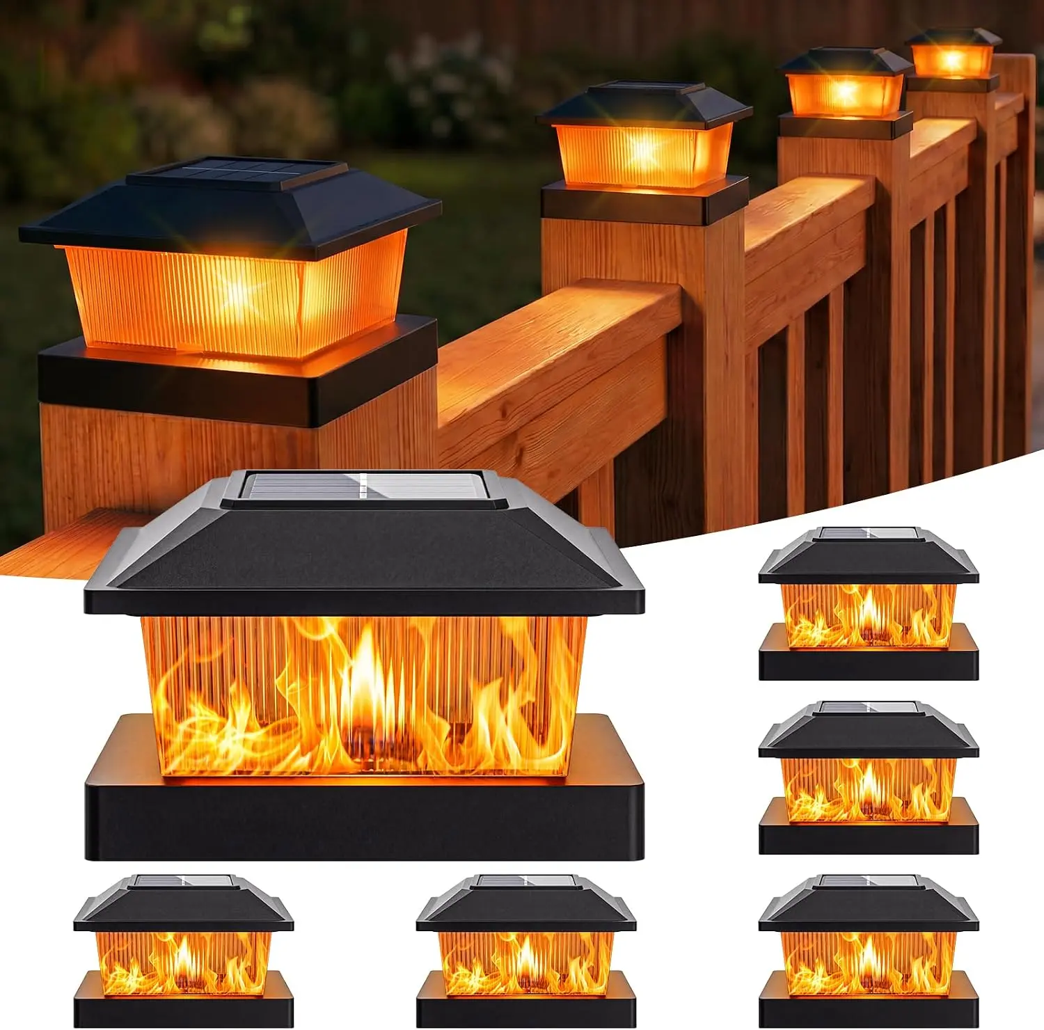 Outdoor Solar Post Cap Lights with Flickering Flame SMD LED, Fit for 4x4/3.5x3.5 Vinyl/Wooden Posts, High-Brightness Decor for Garden Deck