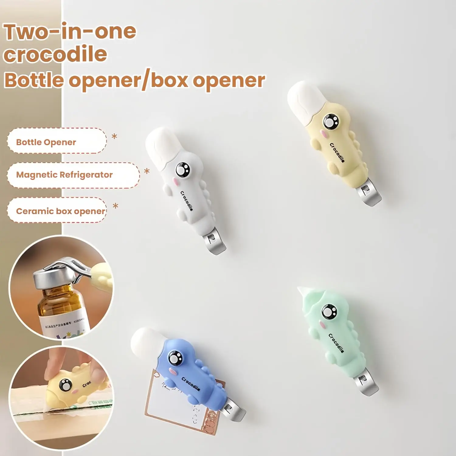 Cute Crocodile 3-in-1 Multitool, Ceramic Box Cutter Opener, Fridge Magnet, Beer Bottle Opener, Retractable Safety Ceramic Blade Package Opener for Parcel, Kitchen Gadget