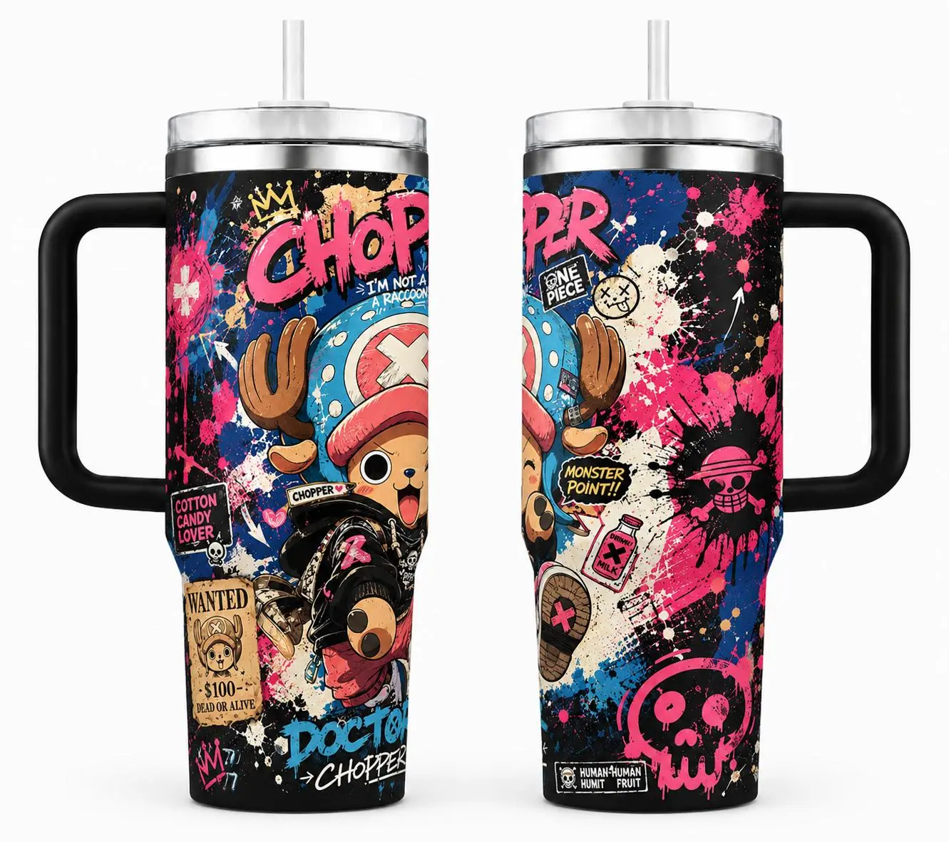Chopper Inspired Anime Reindeer Doctor 40oz Tumbler with Handle, Pink Graffiti Pirate Manga Cup, Cute Fan Gift