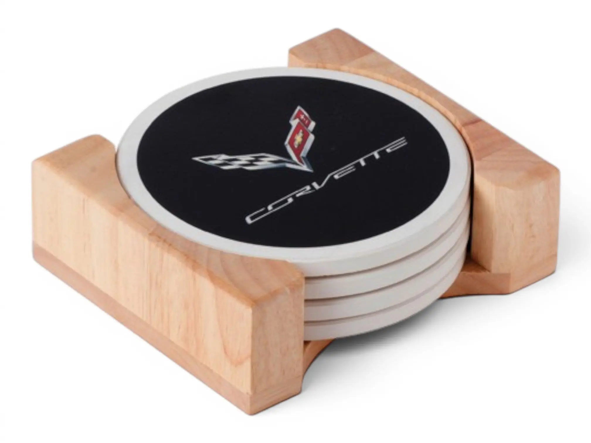 Corvette Flag Stone Coaster Set with Wood Holder (4-Piece)