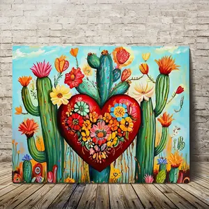 1 Piece, 2D Flat Wooden Frame Canvas Wall Art Ready to Hang, Modern Floral Paintings, Mexican Cactus Heart-Shaped Canvas Folk, 11.8inch x15.7inch, Canvas Wall Art for Bedroom Kitchen Office Living Room, Framed Home Wall Decor YIMH1880