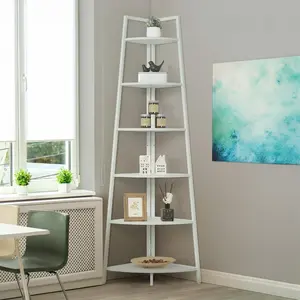 CAPHAUS Tall Corner Shelf Stand, 6-Tier Display Shelves, Ladder Corner Wood Storage Plant Bookshelf with Metal Frame, Versatile Shelving Unit Bookcase for Home Office Space, White