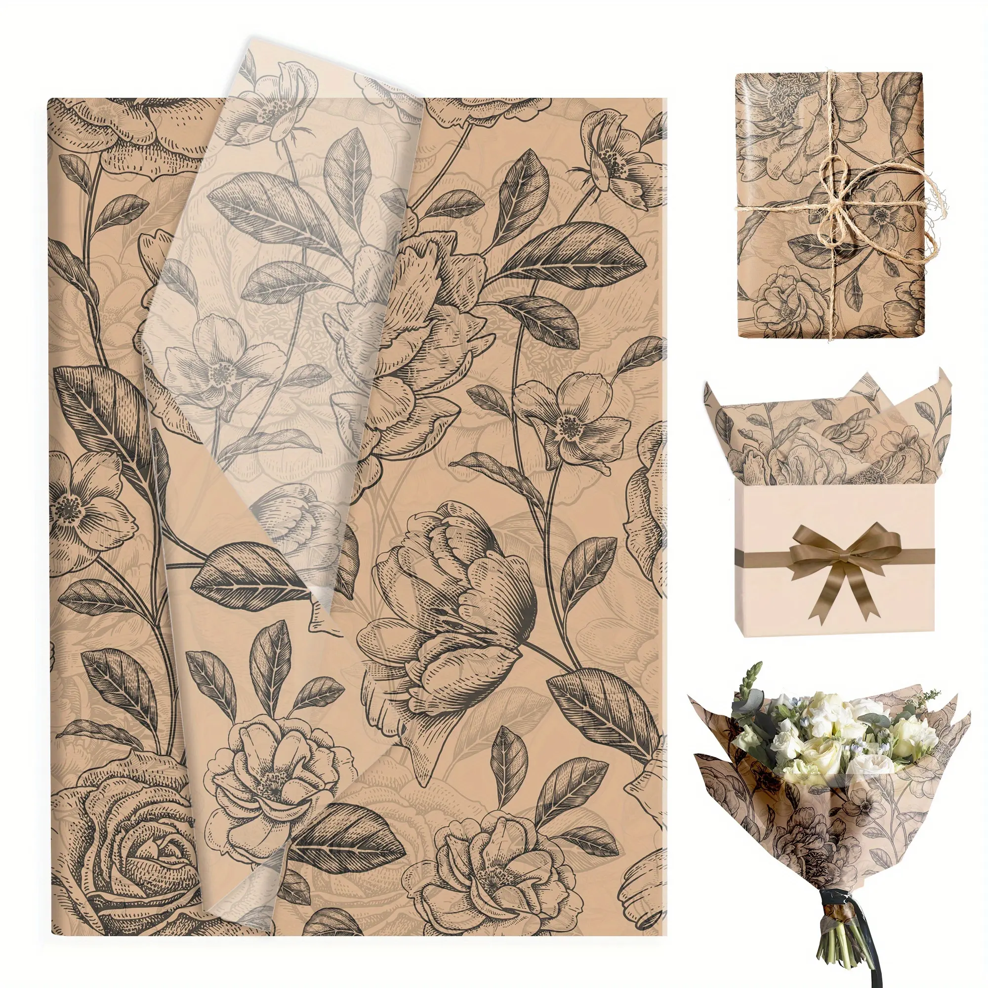 Vintage Brown Floral Tissue Wrapping Paper, 50 Sheets - Large 50x35 cm with Beige Gold Foil Leaves, Rounded Corners & Durable Texture for Wedding, Birthday Gift Wrap, Bouquet Packaging & Party Decor, Gift Wrapping Supplies, Bouquet Wrappers