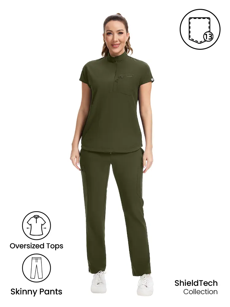 KITMAZ Women's Scrubs Sets - Straight, Oversized Workwear Uniforms, Mandarin Collar Polyester Clothes, Loose Fit, 13 Pockets, 4-Way Stretch, Wrinkle Resistant