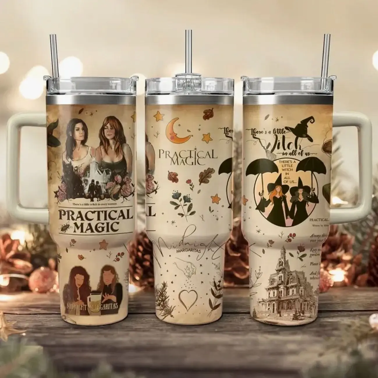 Practical Magic Inspired 20oz/30oz/40oz Stainless Steel Tumbler with Handle & Straw – Witchy Cottage Double Wall Vacuum Insulated Travel Mug, Reusable Hot & Cold Drinkware, Magical Movie Fan Gift