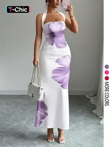 Women'sSummer Halter Neck Sleeveless Tie Waist Slim Fit Chic Printed Mid-Length Dress