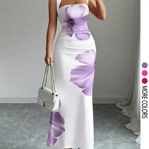 Women'sSummer Halter Neck Sleeveless Tie Waist Slim Fit Elegant Chic Printed Mid-Length Dress Classy Dresses