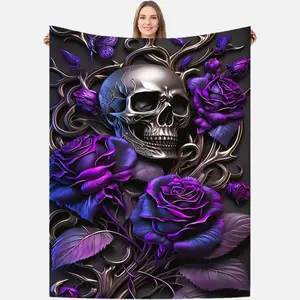1Pc Blanket, Purple Rose And Skull Print Blanket, Warm And Comfortable Soft Blanket, Suitable For Sofa Bed, Sofa Car Office Camping Trip, Valentine'S Day Gift Blanket, Suitable For All Seasons, Suitable For Halloween