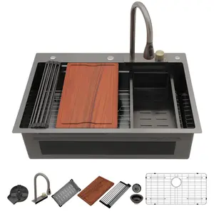 Kichae 33 Inch Waterfall Sink Drop In - 33x22 Drop In Waterfall Kitchen Sink 304 Stainless Steel 16G Handmade Single Bowl Workstation Sinks with Faucet Combo & Glass Rinser
