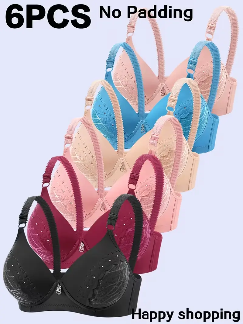 6PCS Non-Padded Lace Push-Up Bra Set, Underwired Full Coverage Comfortable Women’s Everyday Lingerie Womenswear Adjustable
