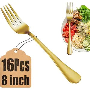 16 count Gold Dinner Forks Set, Food-Grade Stainless Steel Silverware Forks, Cutlery Forks, Metal Forks for Home, Kitchen or Restaurant, Mirror Polished, Dishwasher Safe - 8 Inch Tableware Bpa