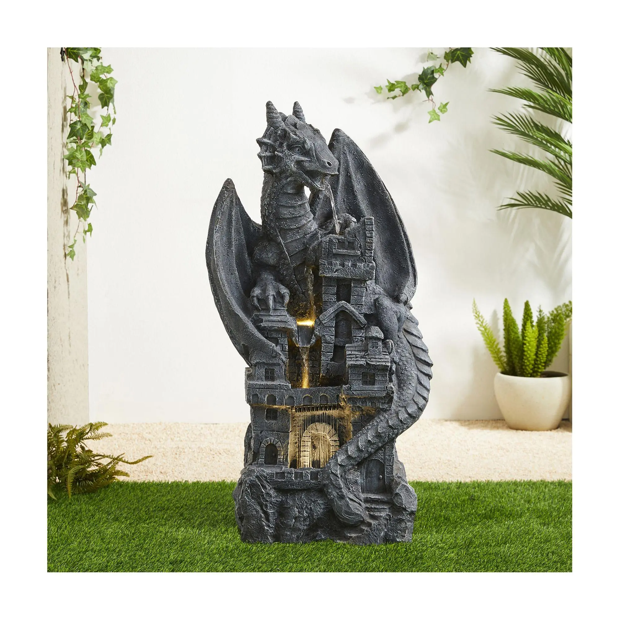 Glitzhome 37" Gothic Dragon Castle 4-Tier LED Outdoor Fountain