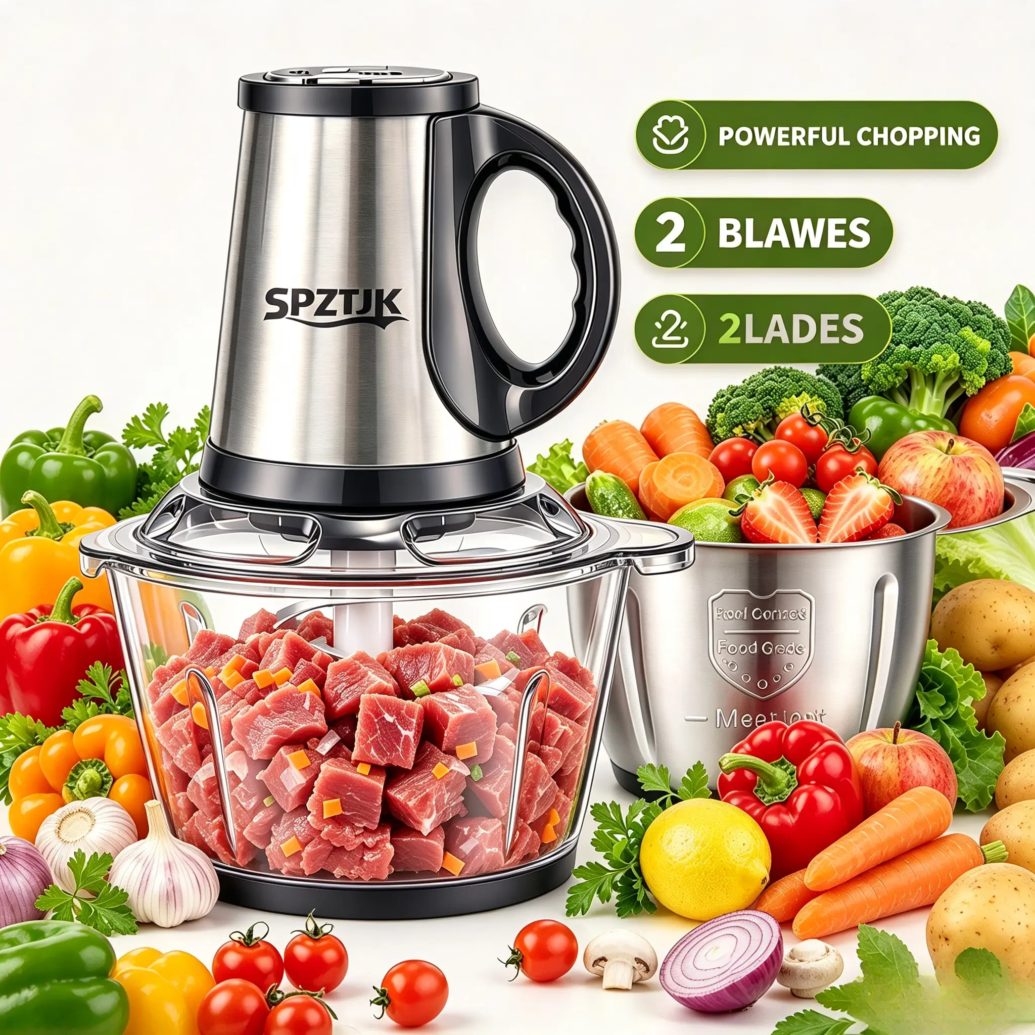 SPZTJK  Top Kitchen US Registered Kitchen Brand Electric Meat Grinder, Dual Stainless Steel Bowls & Double Sharp Blades Multifunctional Food Chopper Blender Vegetable Cutter Household Kitchen Appliance