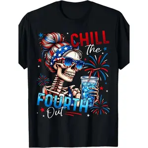 2026 Spring & Summer Collection Men's "Chill The Fourth Out" Patriotic Skeleton T-Shirt Casual Crewneck for 4th of July Celebrations Fabric Top Basic Black Blue Breathable Classic Day Festive