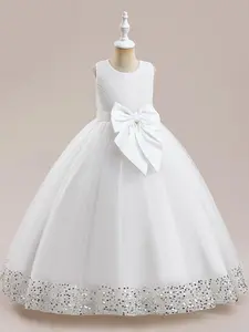 4-14Y Bow Kids Clothes White Flower Girls Princess Sequins Long Ball Gown Frock Children Formal Evening Party Banquet Pageant Prom Host Cocktail Dress