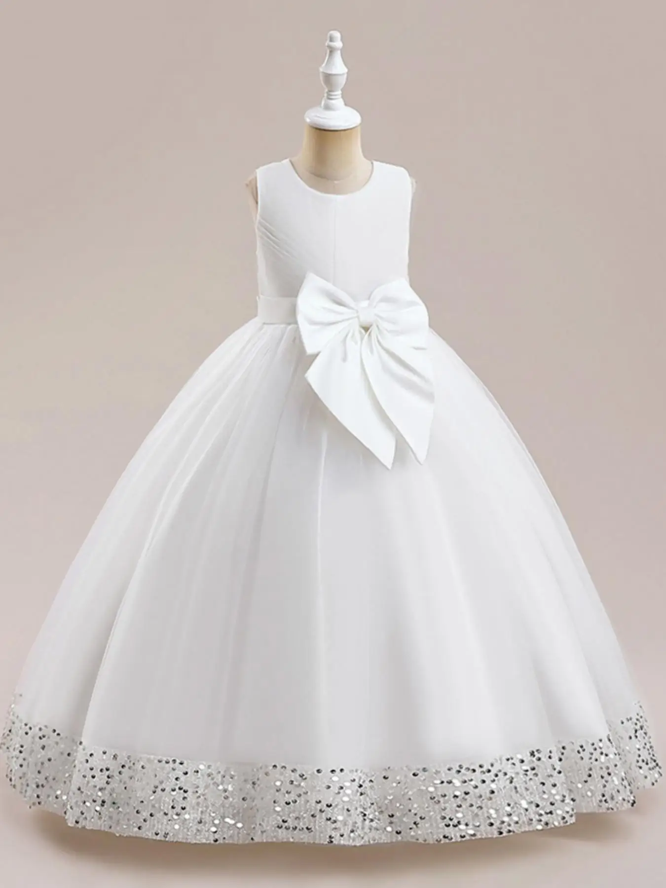 Girl's Contrast Sequin Big Bow Decor Tulle Dress, Summer Clothes, Elegant Sleeveless Round Neck A-Line Satin Dress for Party Wedding Guest, Kid's Summ