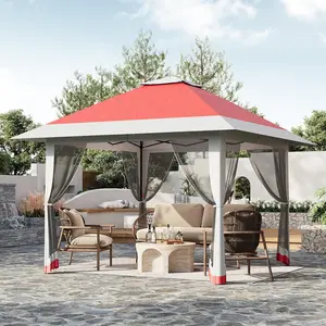 13x13 Pop Up Gazebo, Outdoor Canopy Tent with Mosquito Netting & 4 Sandbags, Instant Gazebo Tent for Backyard Patio & Garden Furniture (Red+Grey)
