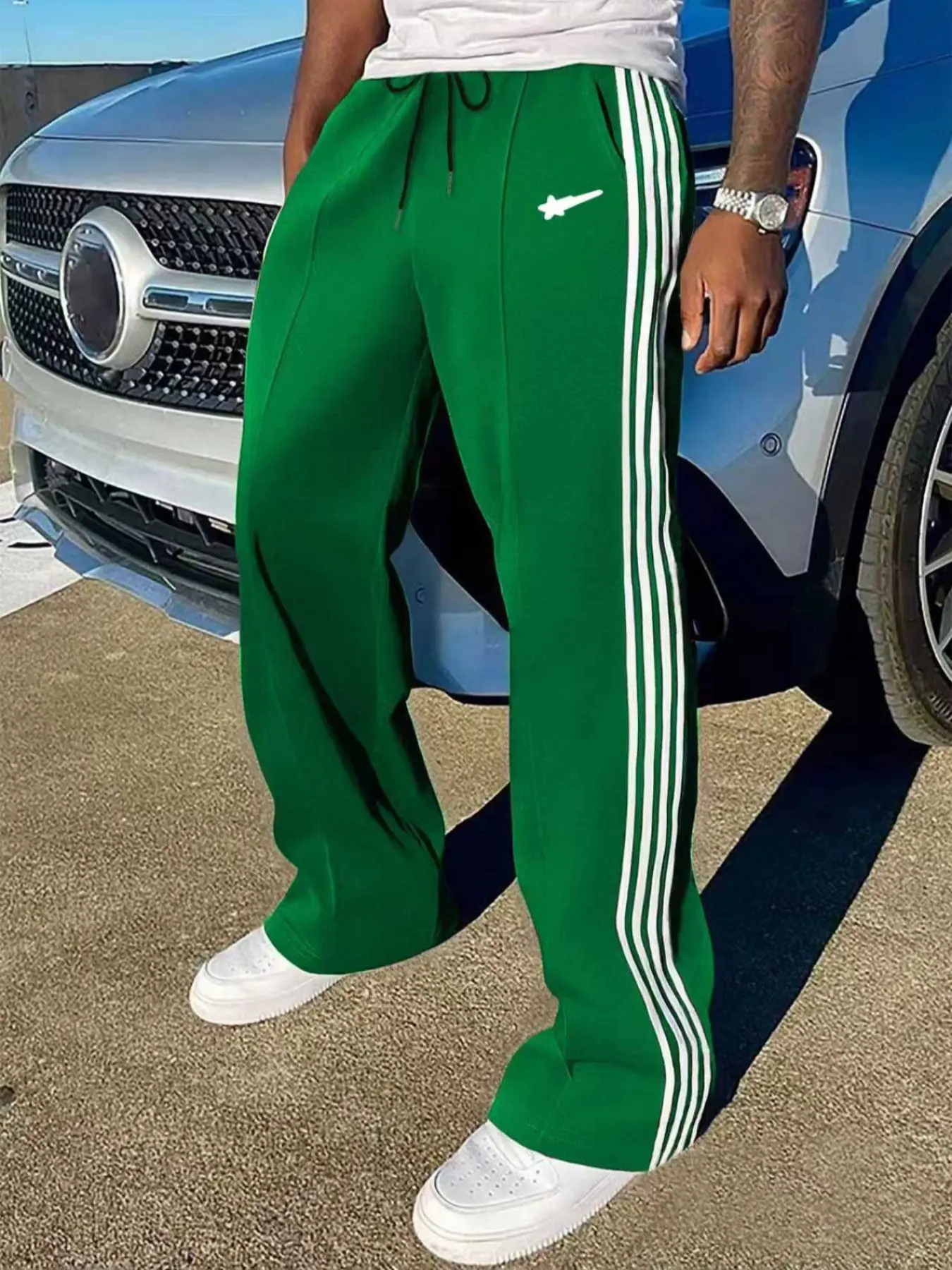 Men's Side Striped Straight Leg Pants Star Print, Athletic Casual Sport Pants Activewear Fashion Long Trousers, Elastic, Comfortable and Stylish, Perfect for Daily Wear, Casual Sporty Pants