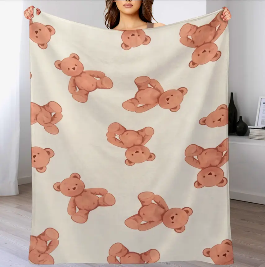Personalized Custom Name Cute Brown Teddy Bear Print Blanket, Soft Flannel Cozy Throw Blanket, Minimalist Cartoon Bear Nursery Blanket, Customized Gift for Baby Toddler Girls Boys Bedroom Decor