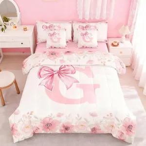 Initial Letter G Bed in A Bag Pink Kawaii Bow Bedding Set,for Girls,Colorful Flower Floral Comforter Set with Sheets Fresh Style Light Pink White Bed Set,Bedroom Decor