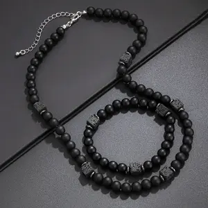 2pcs Fashionable Simple Volcanic Stone Beaded Necklace And Bracelet Set, Men's Daily Wear And Party Accessories Fashion Rosary Jewelry Men Charm Fashion Yoga Bangle Bracelets Rosary