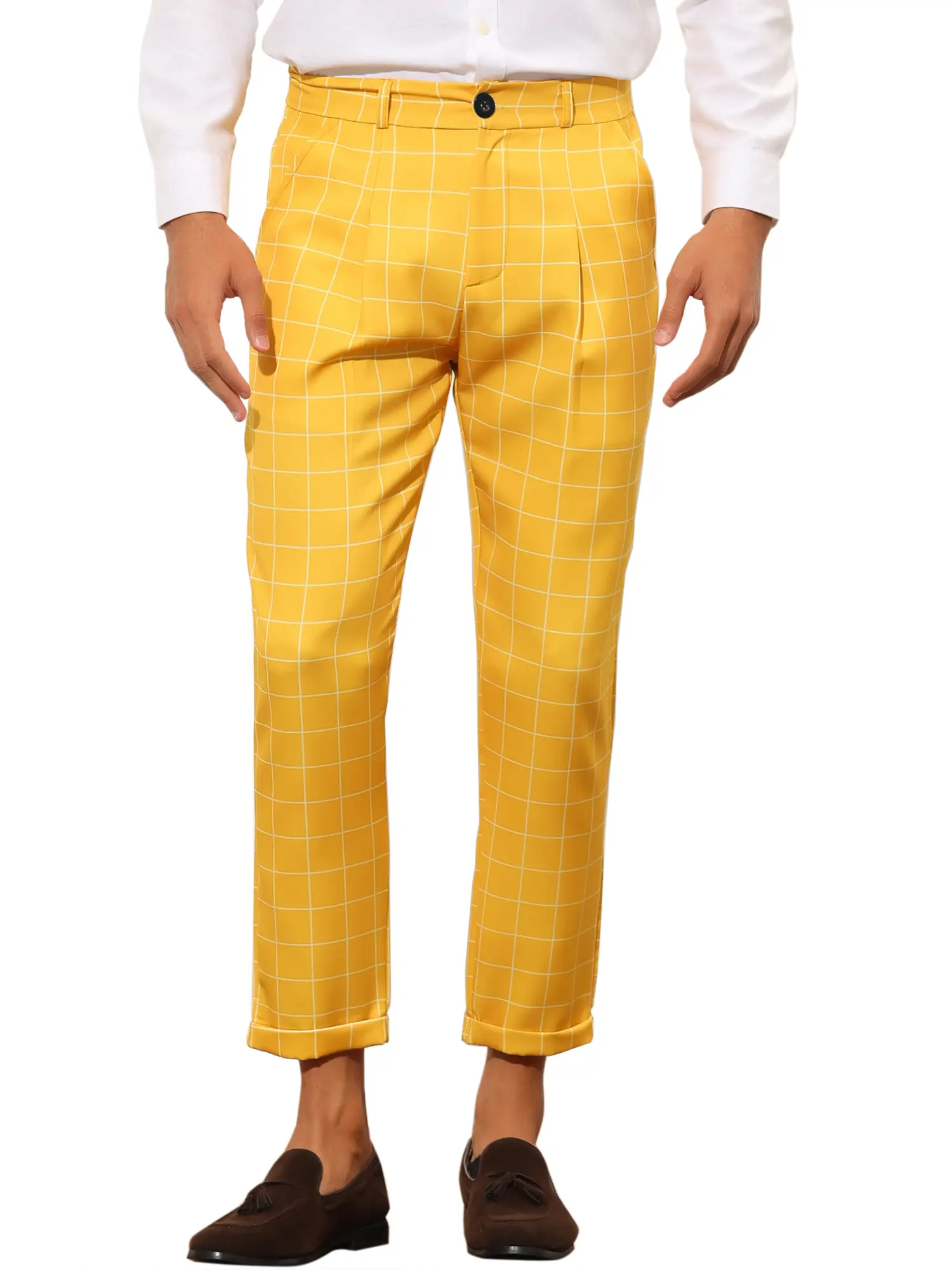INSPIRE CHIC Men's Plaid Pants Checked Printed Tapered Leg Cropped Dress Pants