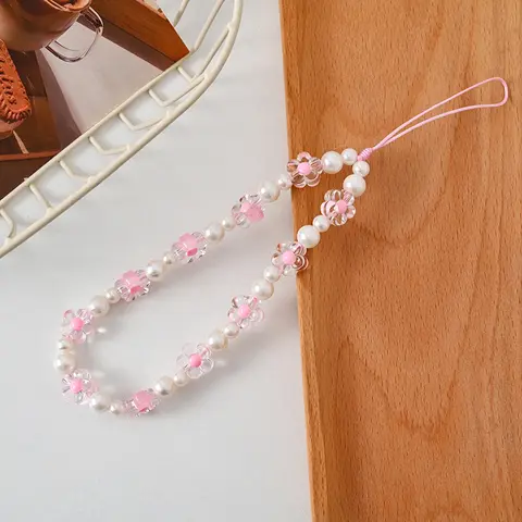 Macaron Fashion Sweet and Cute Colorful Flower Phone Charms Cell Phone Charm Phone Chain Acrylic Imitation Pearl Bead Phone Rope Camera Pendant