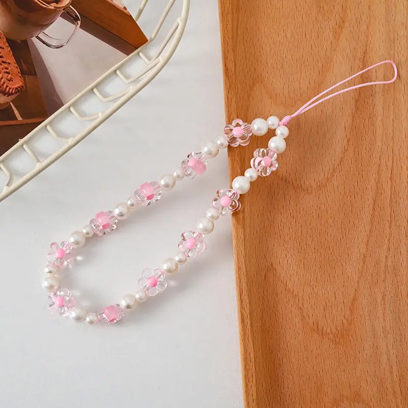 Macaron Fashion Sweet and Cute Colorful Flower Phone Charms Cell Phone Charm Phone Chain Acrylic Imitation Pearl Bead Phone Rope Camera Pendant