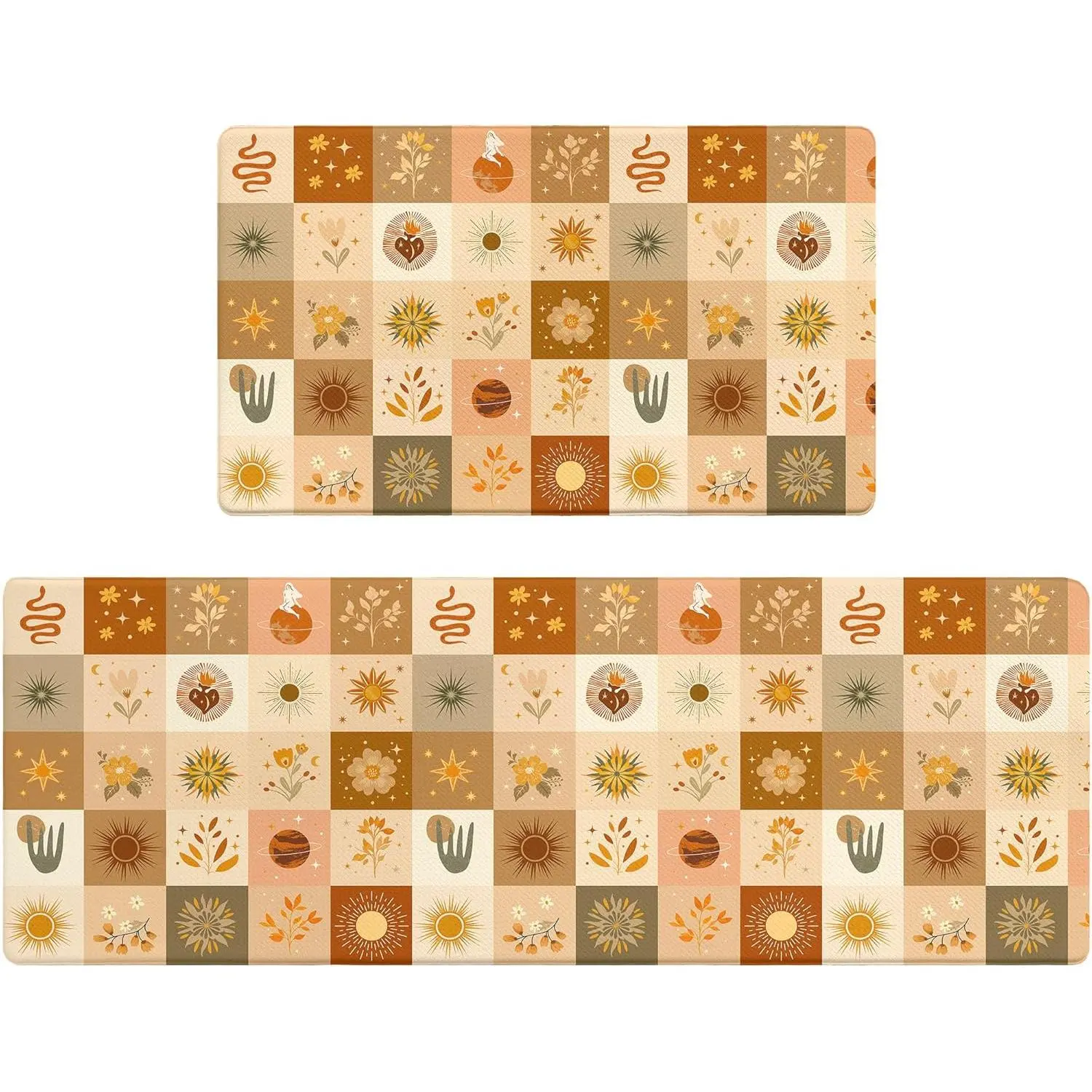 Rexful Boho Kitchen Rug Set 2 PCS Anti-Fatigue Washable Kitchen Floor Mats Neutral Celestial Sun Flower Checkerboard Pattern Anti-Slip Runner and Mat (Yellow, 47''*17.3''+29''*17.3'')